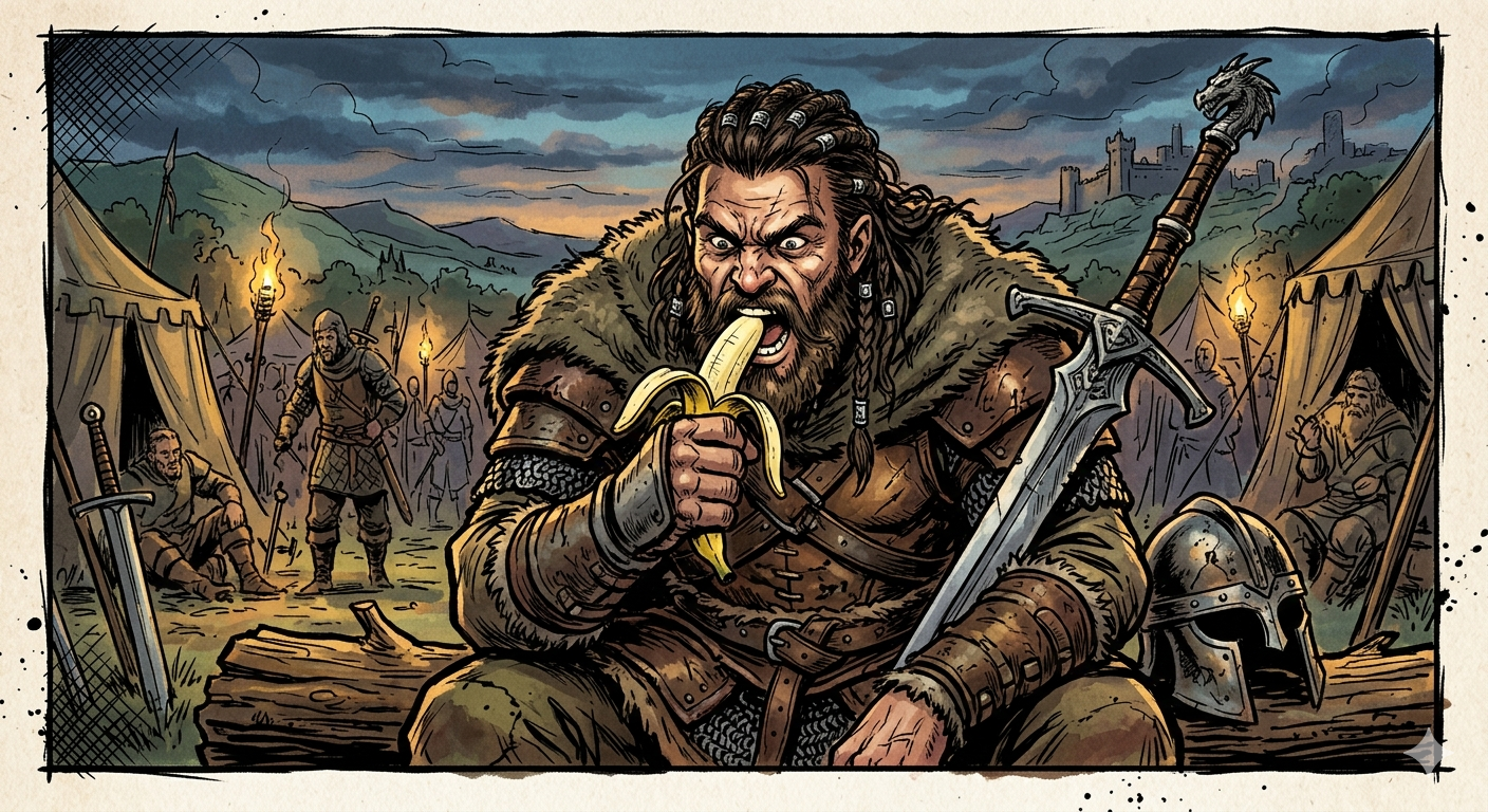 image of a fierce warrior eating a banana